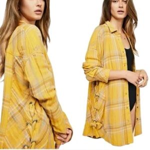 Free People Mustard Plaid High Low Button Down Shirt Size Women’s XS